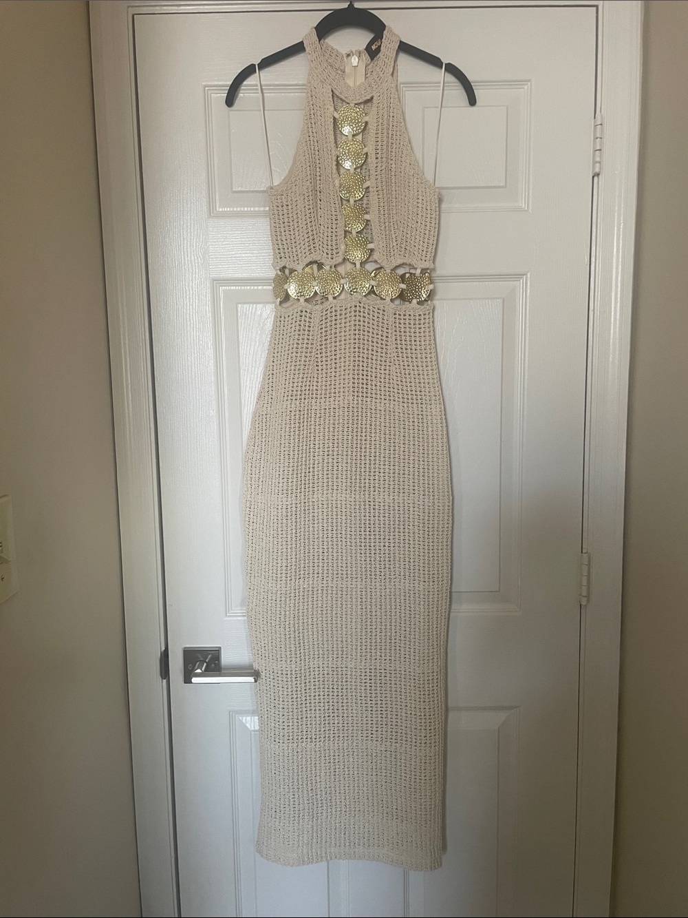 Fashion Nova LUXE Cream Halter Maxi Dress with Gold Leaf Accents